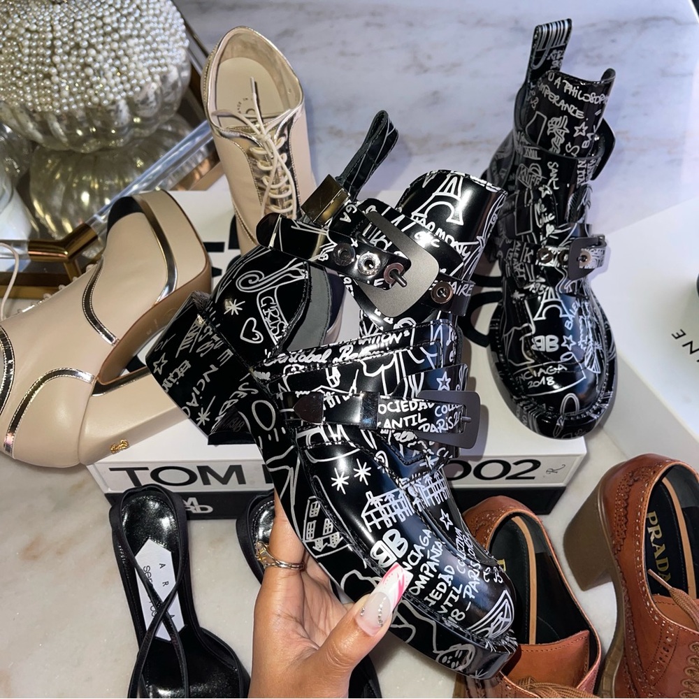 Balenciaga Graffiti Printed Buckle Ceinture Leather Cutout Platform Ankle Boots